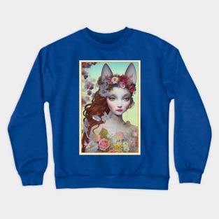 Fantasy art painting of a girl with flowers and ears of a cat Crewneck Sweatshirt